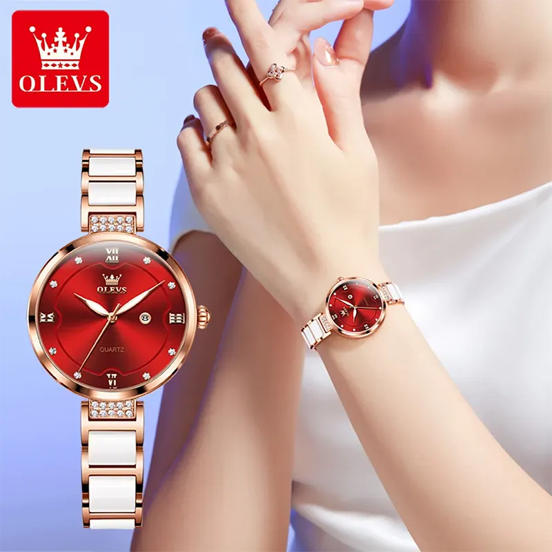 Olevs 5589 Red Dial White Ceramic Luxury Ladies Watch